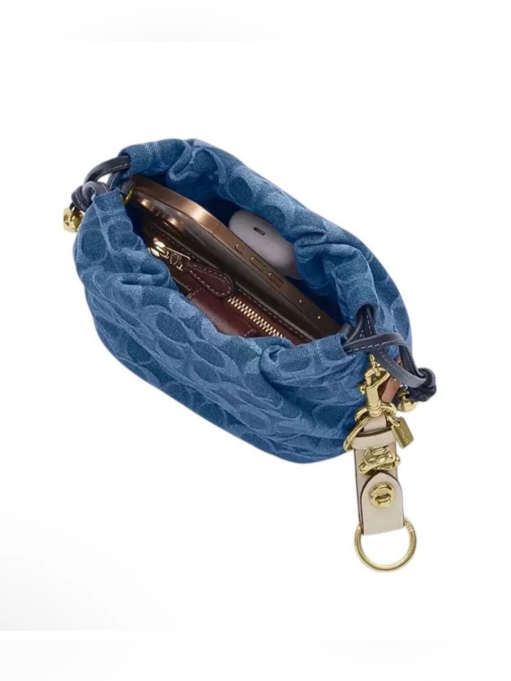 NEW Coach Faye Mini Denim Dual Strap Chain & Leather Drawstring Bucket Bag - Picture 3 of 7